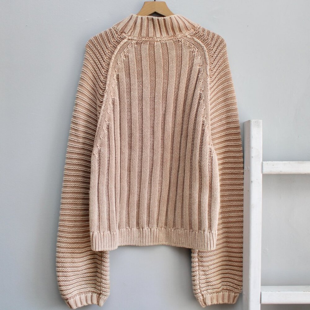 Free People Tan Light Brown Chunky Knit Mock-Neck Sweetheart Sweater Size Large - Picture 2 of 6